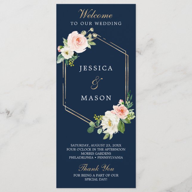 Programme de mariage Blue Gold Blush de la Marine (Devant)