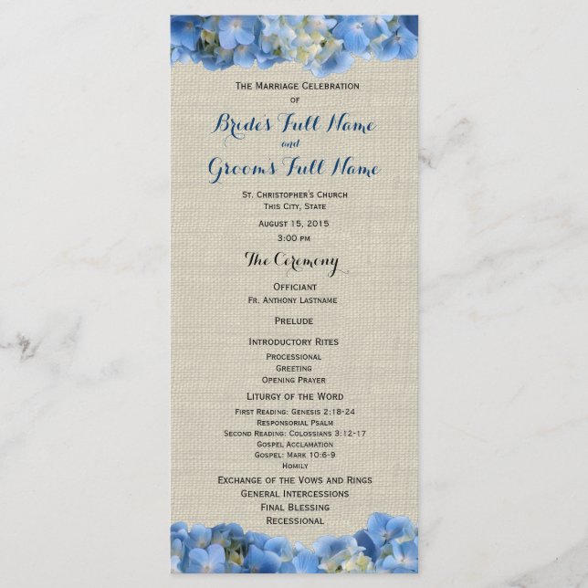 Programme de mariage Blue Hydrangea et Burlap (Devant)