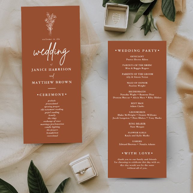 Programme de mariage Boho Terracotta Orange Brûlé (Boho terracotta wedding program keeps guests informed while adding warm rustic charm.)