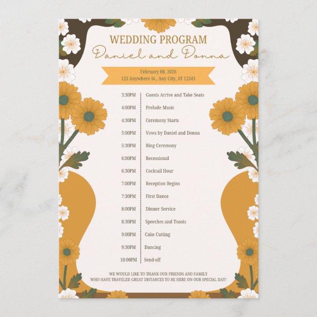 Programme de mariage – Bordure florale jaune et bl (Devant)