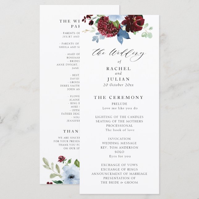 programme de mariage burgundy bleu pâle (Devant / Derrière)