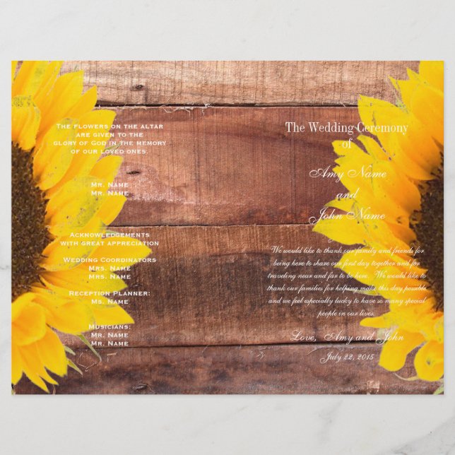 Programme de Mariage campagnard de tournesol rusti (Devant)