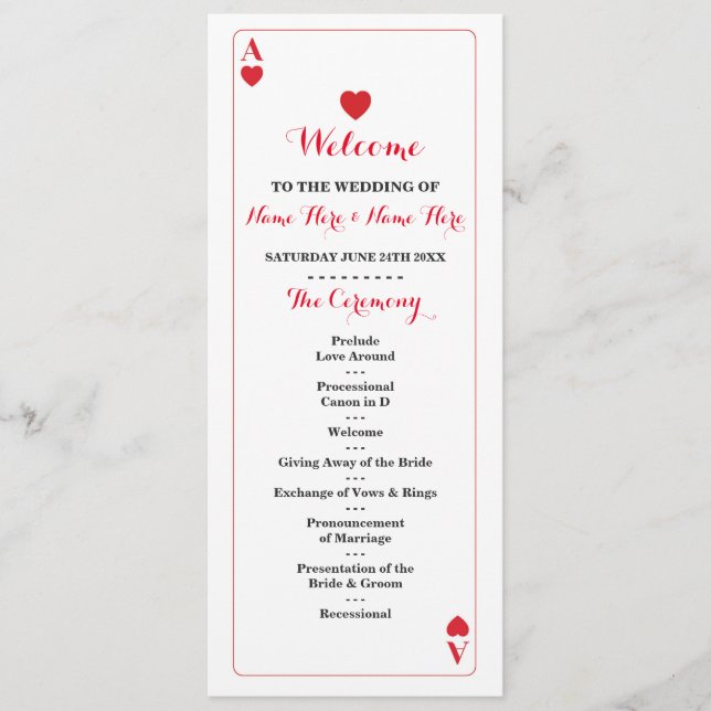 Programme de mariage Cartes As de Cœur de Casino d (Devant)