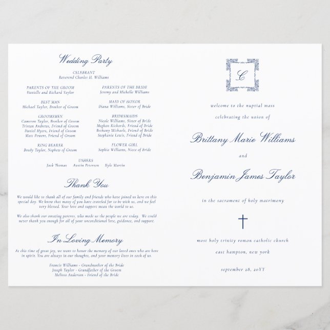 Programme de Mariage Catholique Orné Bleu Marine (Devant)