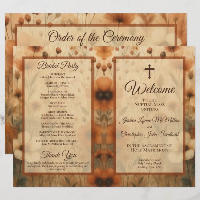 Programme de mariage catholique pliable DIY Fleurs (Devant / Derrière)