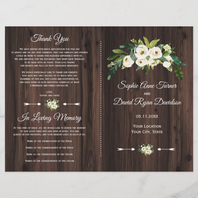 Programme de mariage chic aquarelle fleurs blanche (Devant)