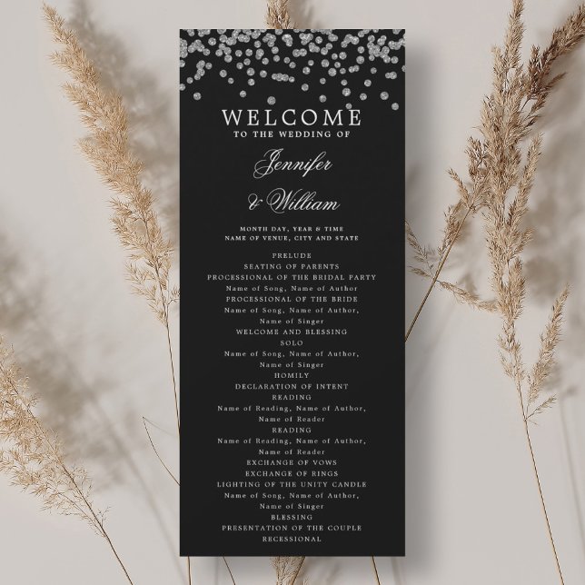 Programme de mariage classique Confetti Argent Noi (Classic Wedding Program Confetti Silver Black)