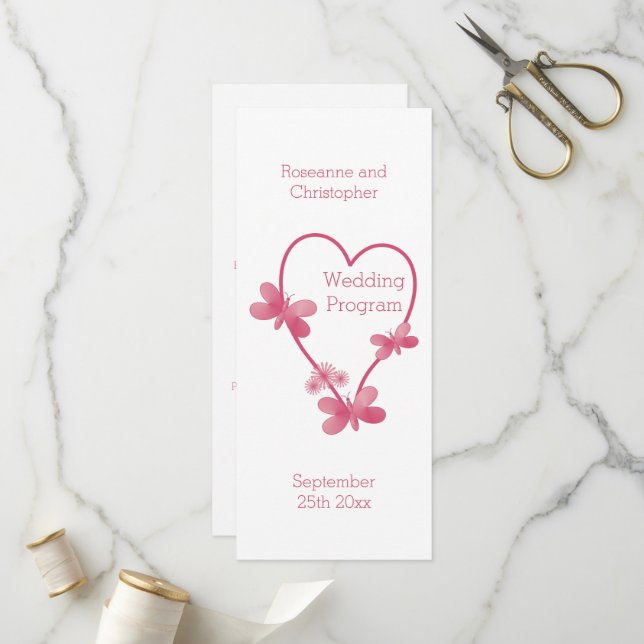 Programme De Mariage Coeur Rose Et Papillons (Devant/Arrière en situation)