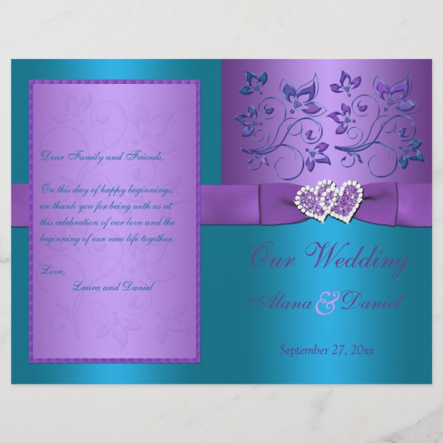Programme de mariage | Coeurs floraux violets et t (Devant)