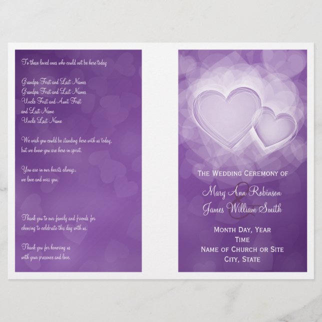 Programme de mariage Coeurs modernes pourpre (Devant)