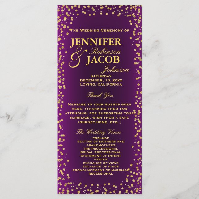 Programme de mariage | Confetti violet et or (Devant)