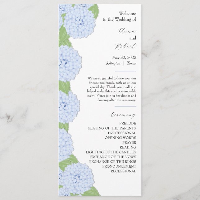 Programme de mariage d'aquarelle Blue Hydrangea (Devant)