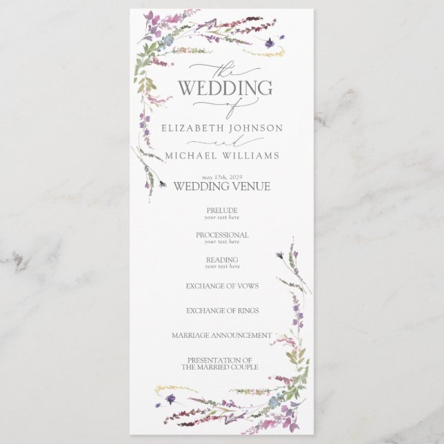 Programme de mariage de calligraphie Fleur sauvage (Devant)