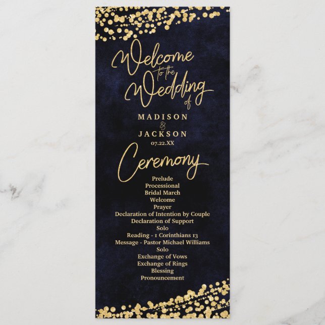 Programme de mariage de Confetti en or bleu marine (Devant)