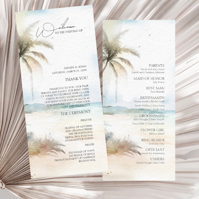 Programme de mariage de destination avec palmiers  (Tropical Beach Palm Trees Wedding Program)