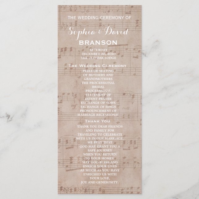 Programme de mariage de la feuille de musique vint (Devant)