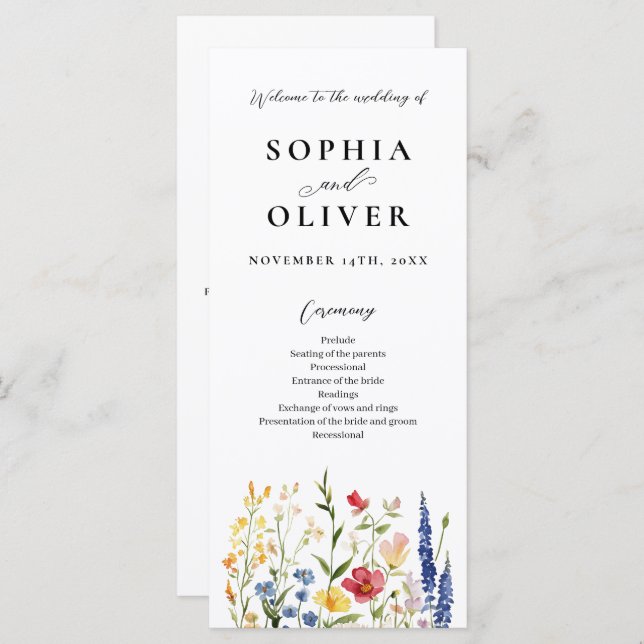 Programme de mariage de l'aquarelle Fleur sauvage  (Devant / Derrière)