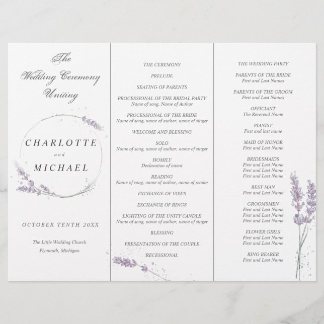 Programme de mariage de lavande d'aquarelle (Devant)