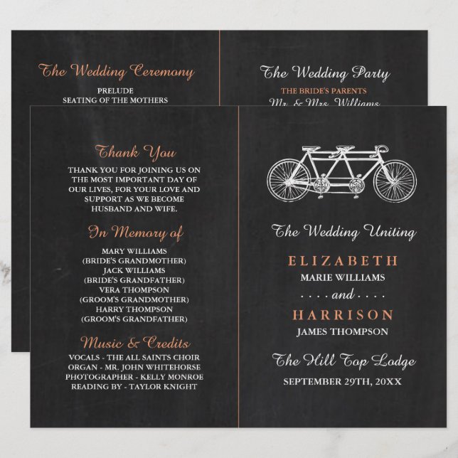 Programme De Mariage De Tandem À Vélo Sur Chalkboa (Devant / Derrière)
