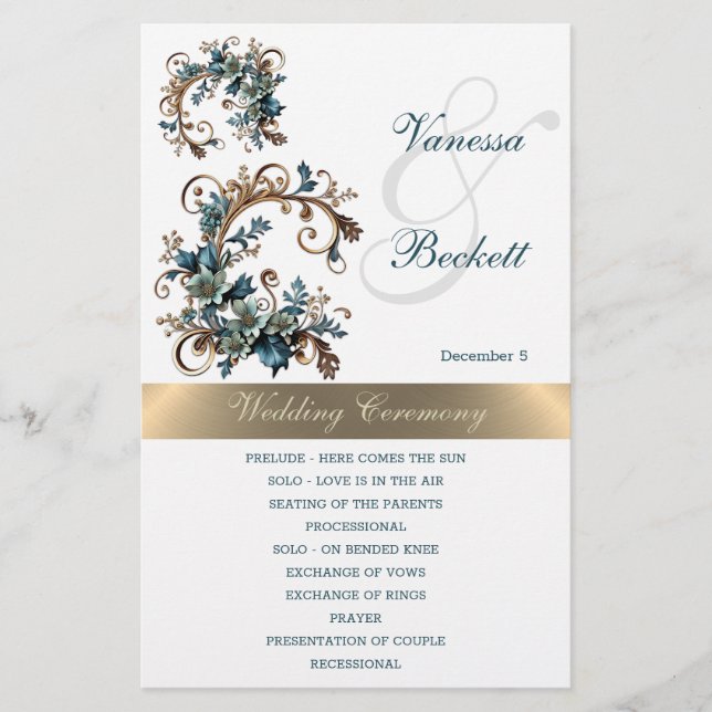 Programme de mariage d'élégance florale dorée (Devant)