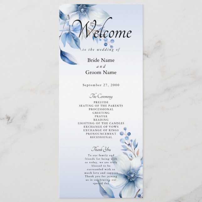 Programme de mariage des Fleurs Bleues Botaniques (Devant)