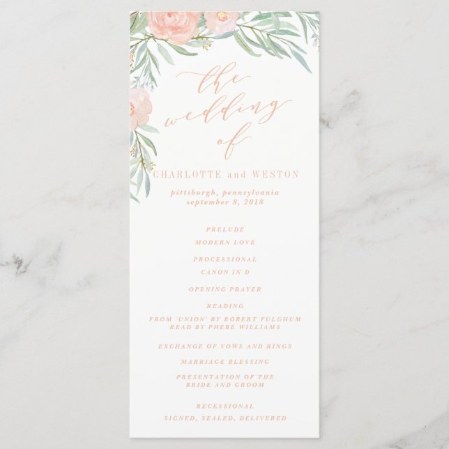 Programme de mariage des fleurs d'aquarelle de pêc (Devant)