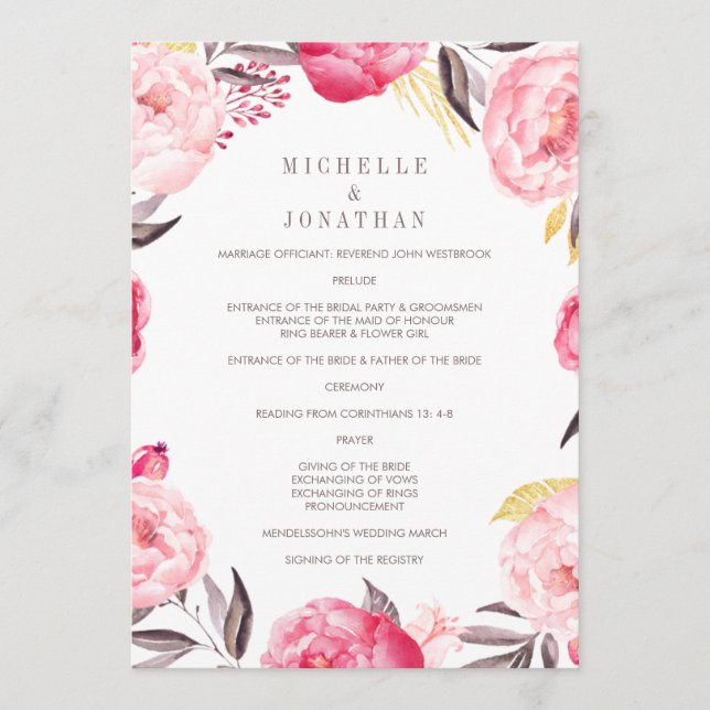 Programme de mariage des fleurs d'aquarelle rose (Devant)