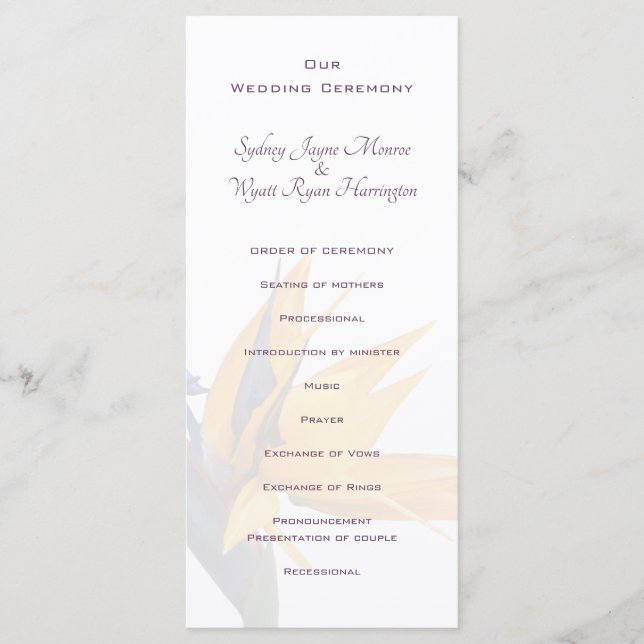Programme de mariage des fleurs d'oiseaux de parad (Devant)