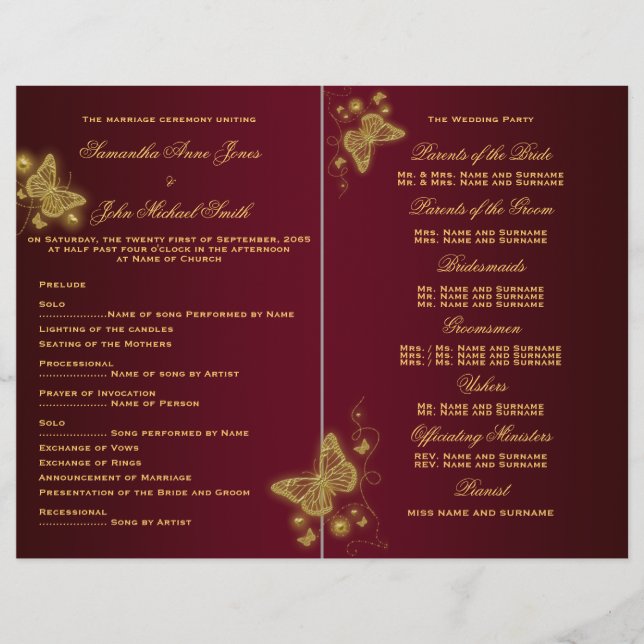 Programme de mariage des papillons en or de Bourgo (Devant)