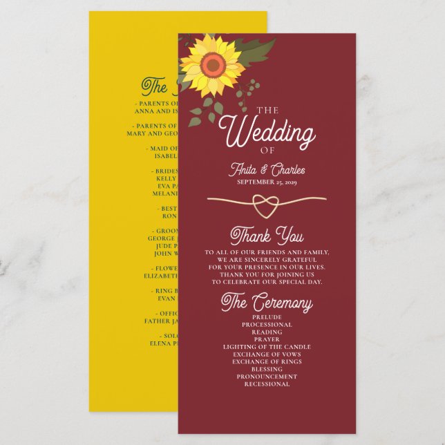 Programme de mariage des tournesols (Devant / Derrière)