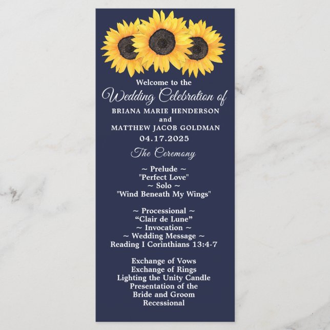 Programme de mariage des tournesols Pays Floral su (Devant)