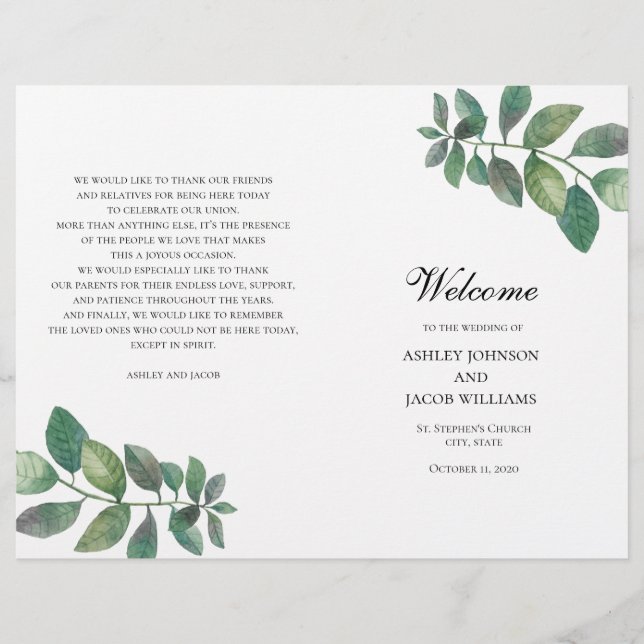 Programme de mariage d'été plié. Feuilles verts (Devant)