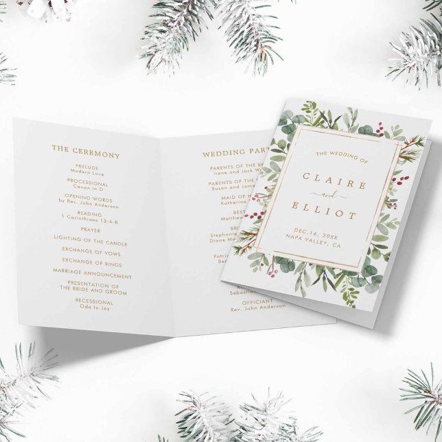 Programme de mariage d'or de Noël de la verdure bo (Front & Inside)