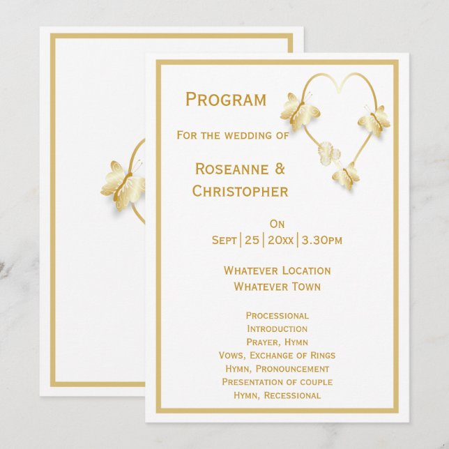 Programme de mariage d'or Papillons Coeur (Devant / Derrière)