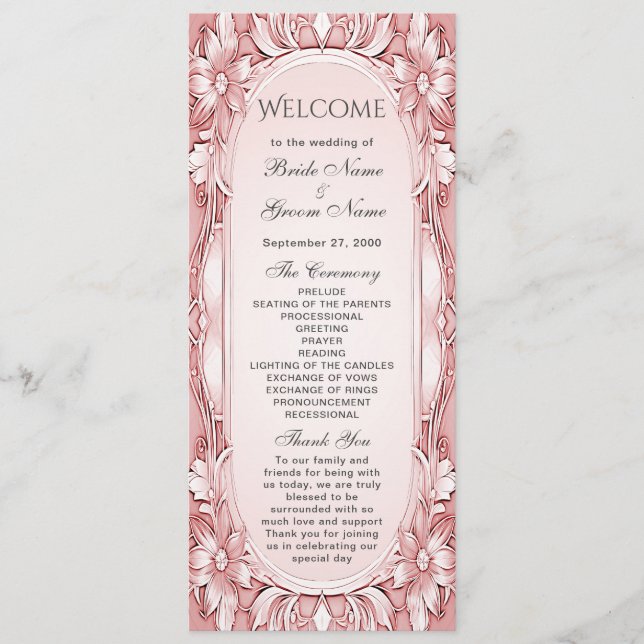 Programme de mariage du cadre floral rose (Devant)