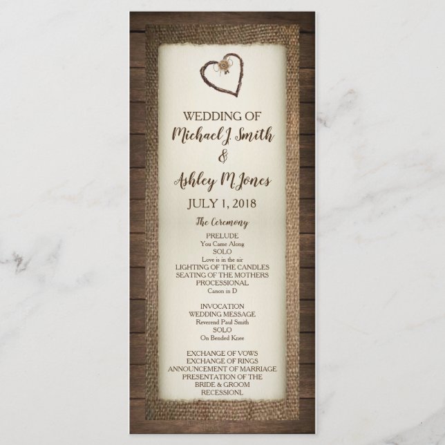 Programme de mariage du coeur bois, burlap et Twin (Devant)