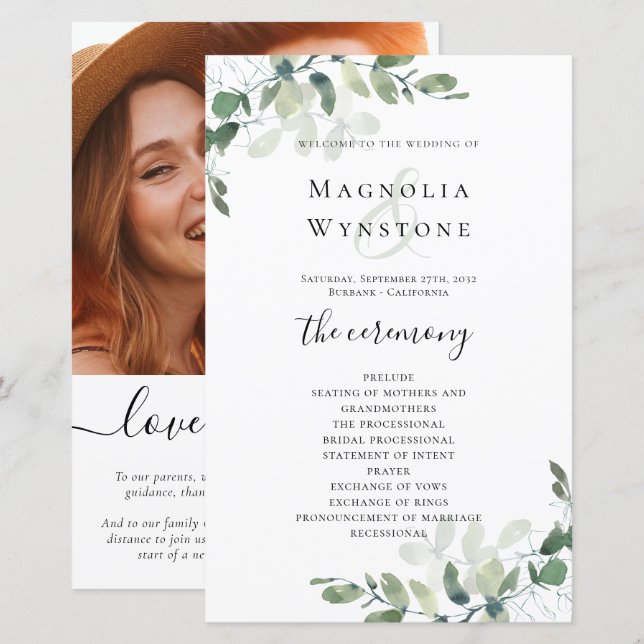 PROGRAMME DE MARIAGE ÉCONOMIQUE Fleurs d'eucalyptu (Devant / Derrière)