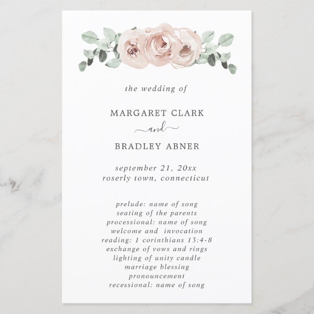 Programme de mariage élégant aux fleurs rose pouss (Devant)