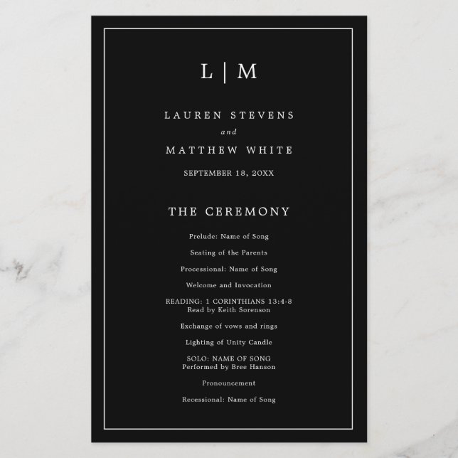Programme de mariage élégant avec monogramme noir  (Devant)