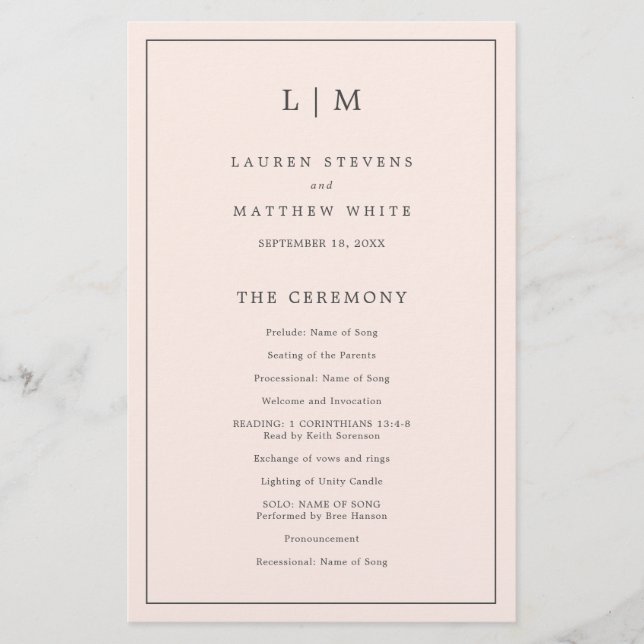 Programme de mariage élégant avec monogramme rose  (Devant)
