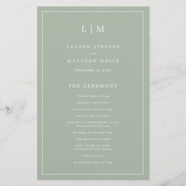 Programme de mariage élégant avec monogramme vert  (Devant)