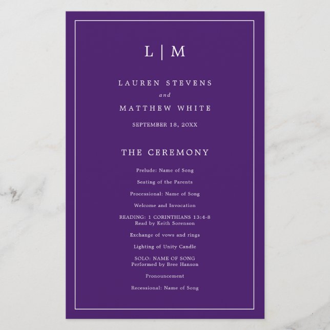 Programme de mariage élégant avec monogramme viole (Devant)