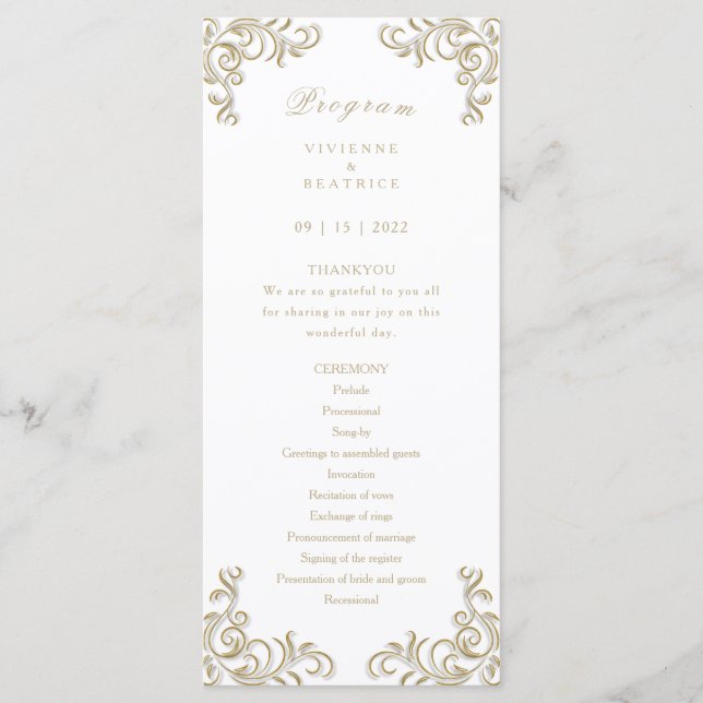 Programme de mariage élégant doré parchemin décora (Devant)