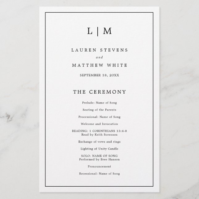 Programme de mariage élégant noir et blanc simple (Devant)