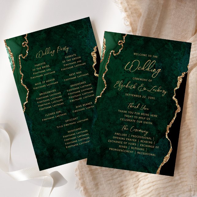Programme de mariage en agate verte émeraude et or (Créateur téléchargé)