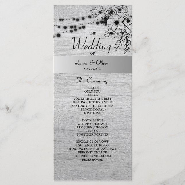 Programme de mariage en bois rustique noir et blan (Devant)