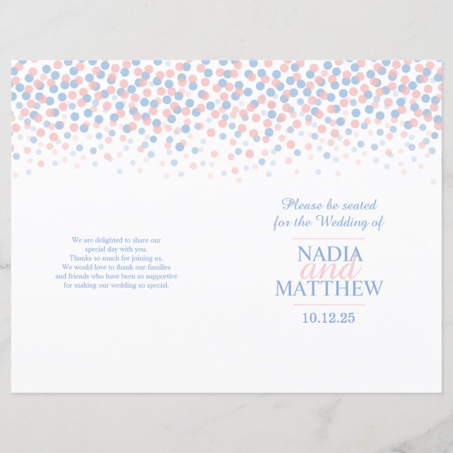 Programme de mariage en confettis rayés en bleu ro (Devant)