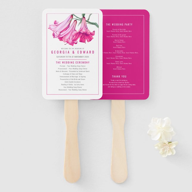 Programme de mariage éventail en fleurs de lys ros (Devant et derrière)