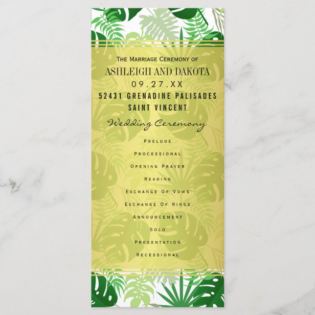 Programme de mariage | Exotic Green Feuilles tropi (Devant)