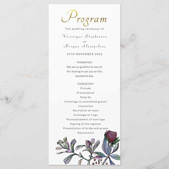 Programme de mariage feuille tropicale script or f (Devant)